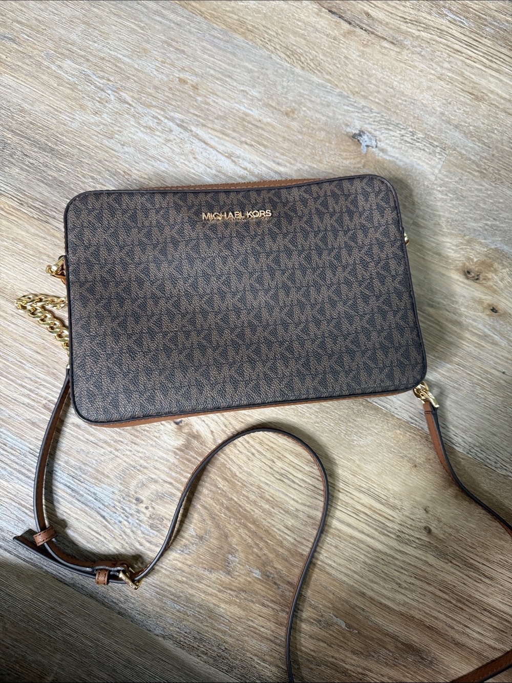 Michael Kors Brown MK Signature Messenger Crossbody with Gold Hardware